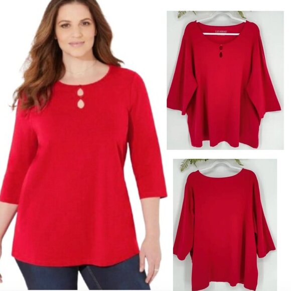 Catherines Women's Plus Top Womens Size 2X Suprema Teardrop Tee Red 3/4 Sleeve - Picture 1 of 11